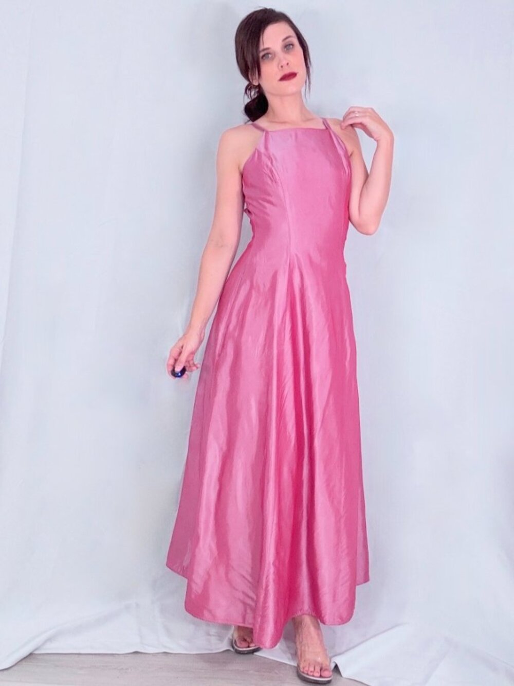 Y2k Vintage Formal Open-Back Prom Dress, Pink Taffeta Gown